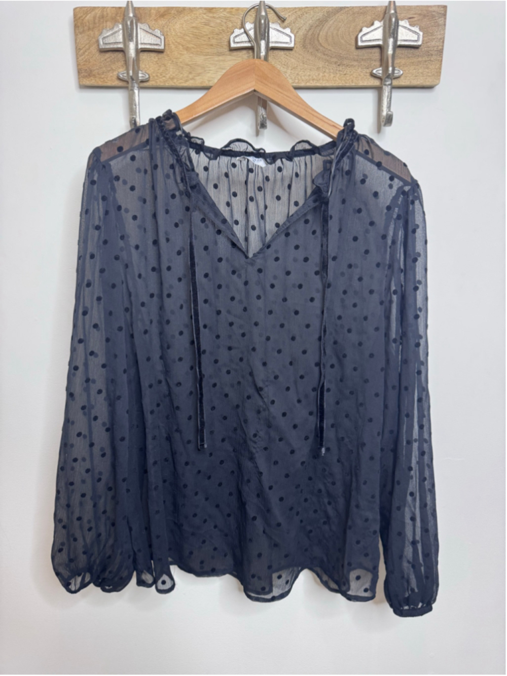 Women Papaya Blouse Size 22 Black Polka Dot Sheer V-Neck Long Sleeve emo goth